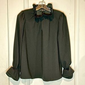 J. Crew Ruffle Neck Cuff Long Sleeve Blouse Black XS